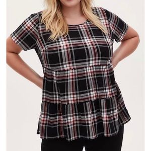 🆕 Black & Red Plaid Shirred Hem Top 0 L 12 NWT Torrid New! Blouse